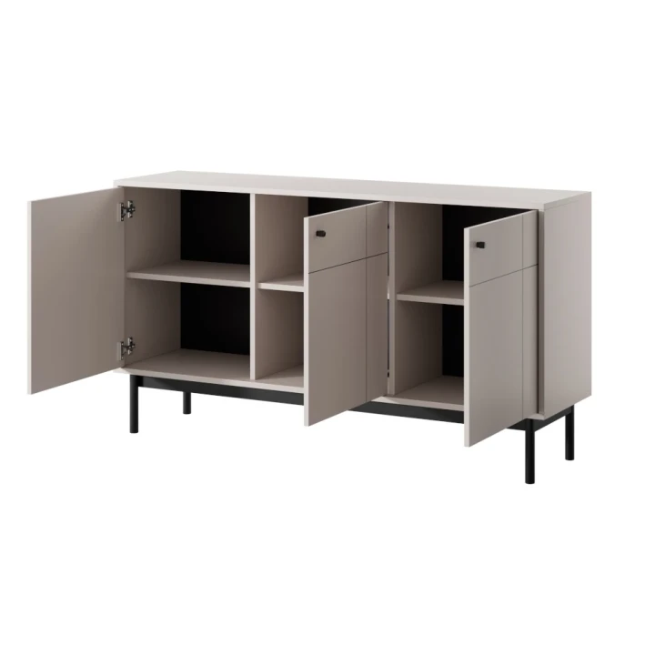 Komoda trzydrzwiowa Elaro z drzwiczkami kaszmirowa otwarta