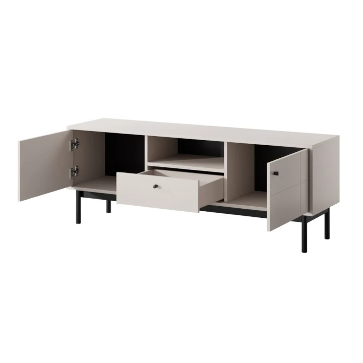 Szafka RTV Elaro z drzwiczkami i szufladą kaszmirowa otwarta