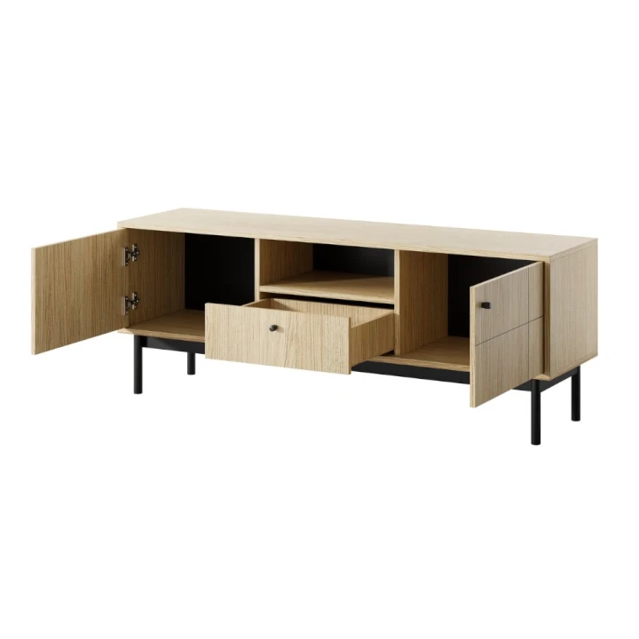 Szafka RTV Elaro dąb Linea z drzwiczkami i szufladą otwarta