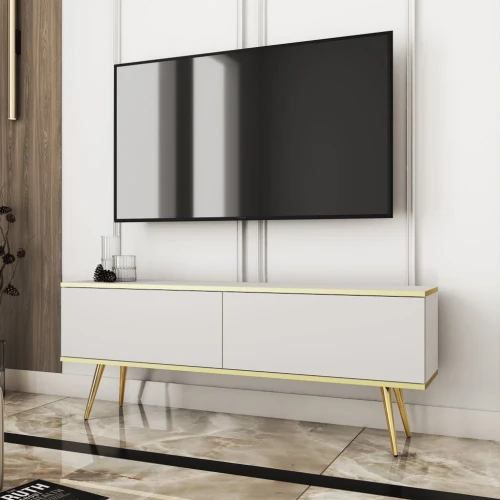 Szafka stojąca RTV 135 cm Toro w kolorze białym ze złotymi nogami