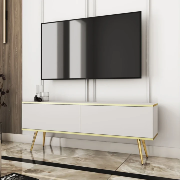 Szafka stojąca RTV 135 cm Toro w kolorze białym ze złotymi nogami