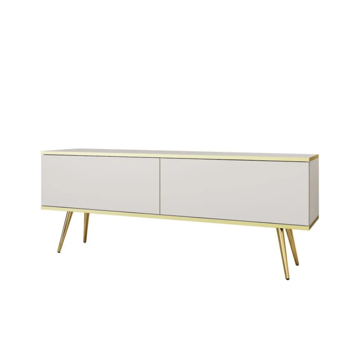 Szafka stojąca RTV 135 cm Toro w kolorze białym ze złotymi nogami na białym tle