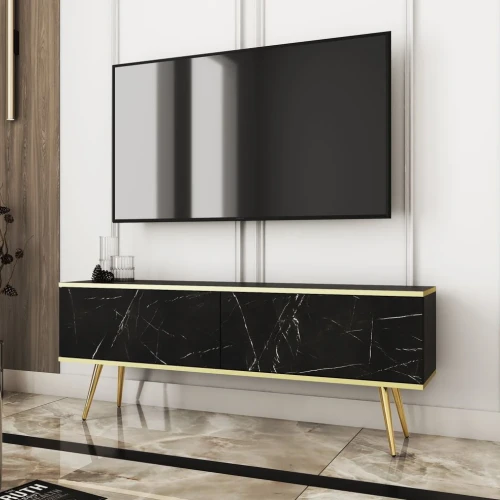 Szafka stojąca RTV 135 cm Toro w kolorze czarny-marmur ze złotymi nogami