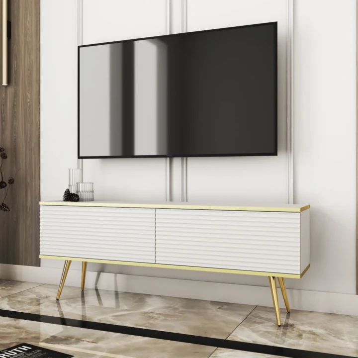 Szafka stojąca RTV 135 cm Toro ryflowana biała ze złotymi nogami