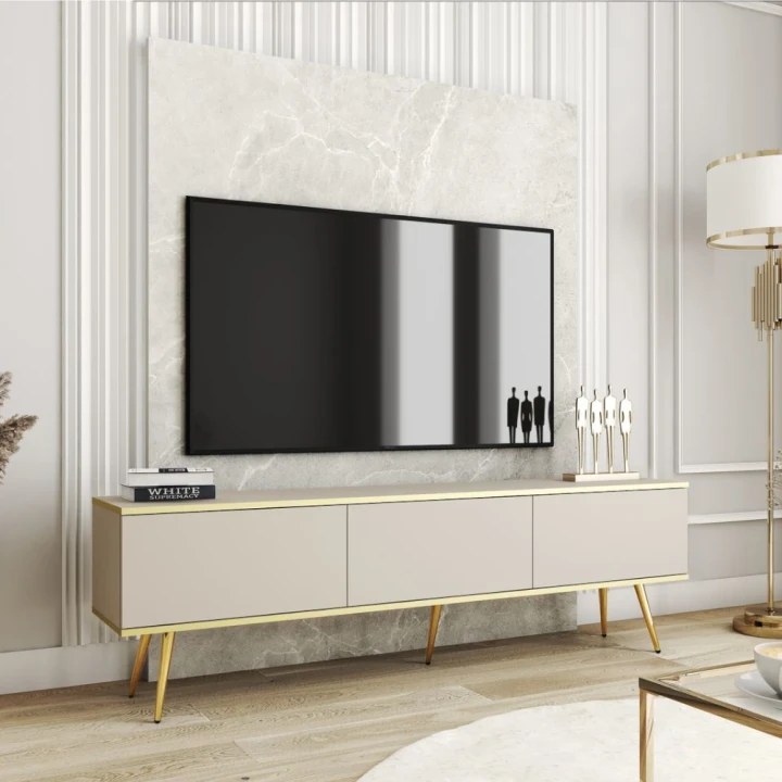 Szafka stojąca RTV 175 cm Toro w kolorze beżowym ze złotymi nogami