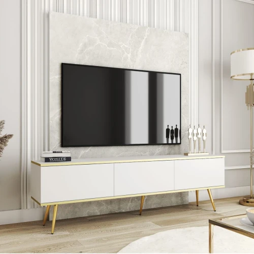 Szafka stojąca RTV 175 cm Toro w kolorze białym ze złotymi nogami