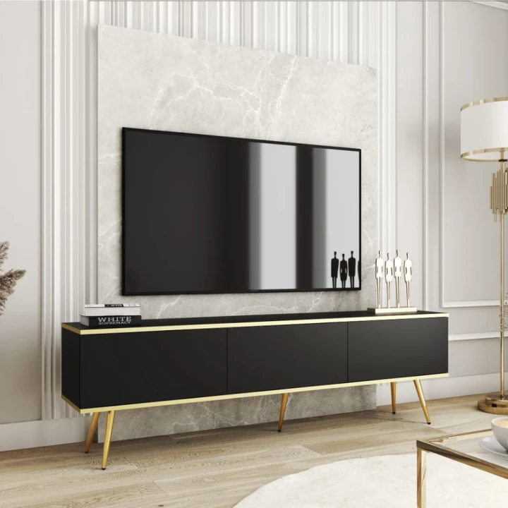 Szafka stojąca RTV 175 cm Toro w kolorze czarnym ze złotymi nogami