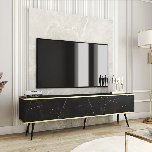 Szafka stojąca RTV 175 cm Toro w kolorze czarny-marmur z czarnymi nogami
