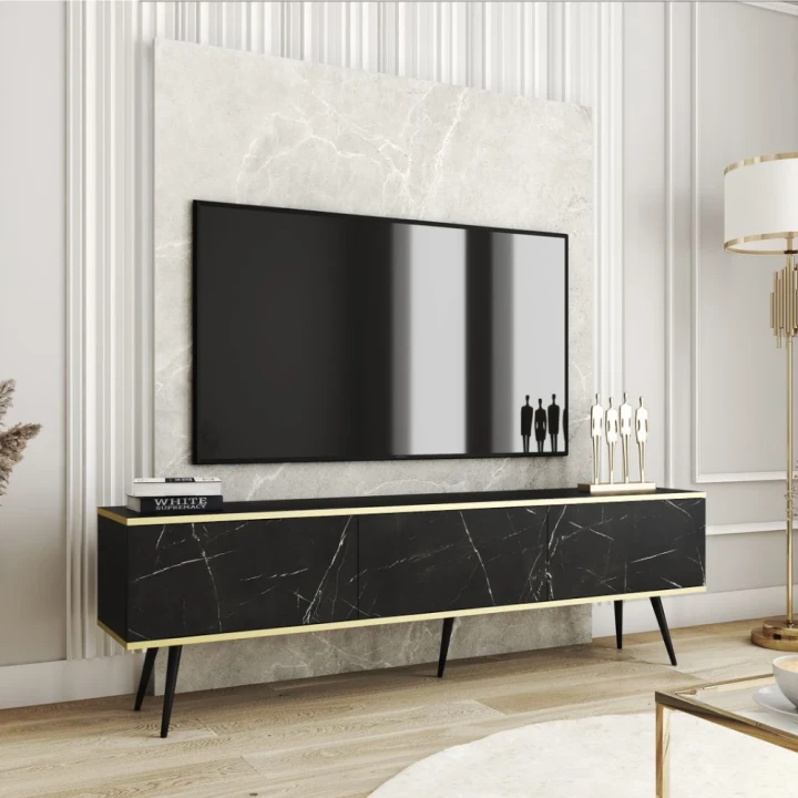 Szafka stojąca RTV 175 cm Toro w kolorze czarny-marmur z czarnymi nogami