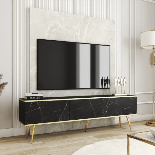 Szafka stojąca RTV 175 cm Toro w kolorze czarny-marmur ze złotymi nogami