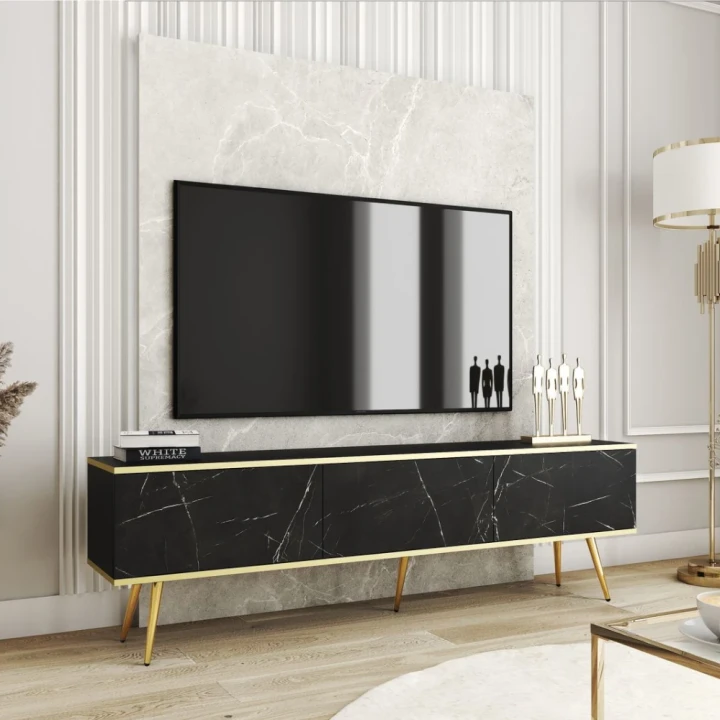 Szafka stojąca RTV 175 cm Toro w kolorze czarny-marmur ze złotymi nogami