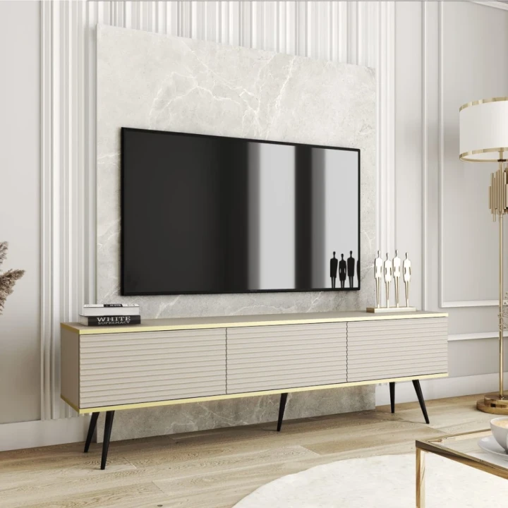 Szafka stojąca RTV 175 cm Toro ryflowana beżowa z czarnymi nogami