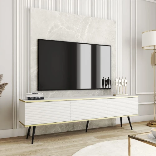 Szafka stojąca RTV 175 cm Toro ryflowana biała z czarnymi nogami