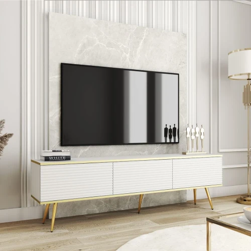 Szafka stojąca RTV 175 cm Toro ryflowana biała ze złotymi nogami