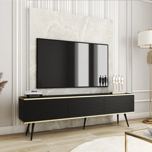 Szafka stojąca RTV 175 cm Toro ryflowana czarna z czarnymi nogami