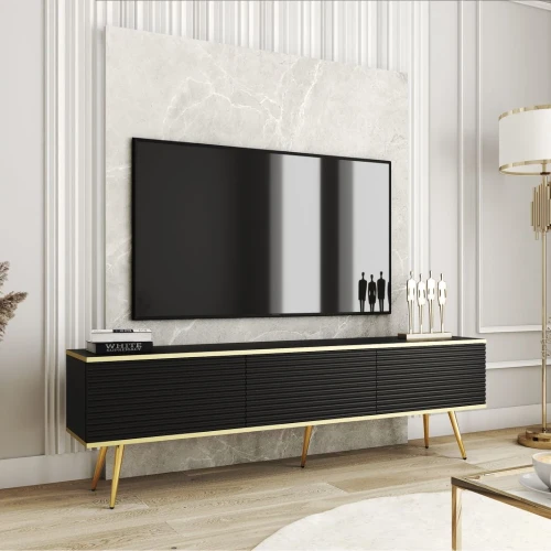 Szafka stojąca RTV 175 cm Toro ryflowana czarna ze złotymi nogami