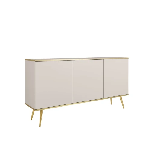 Komoda trzydrzwiowa 160 cm Tora w kolorze beżowym ze złotymi nogami na białym tle