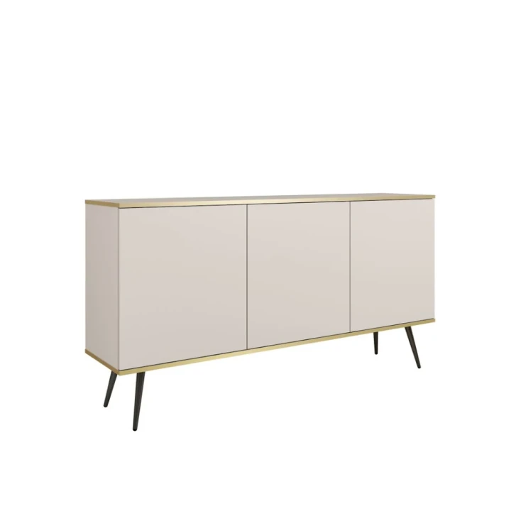 Komoda trzydrzwiowa 160 cm Tora w kolorze beżowym z czarnymi nogami na białym tle