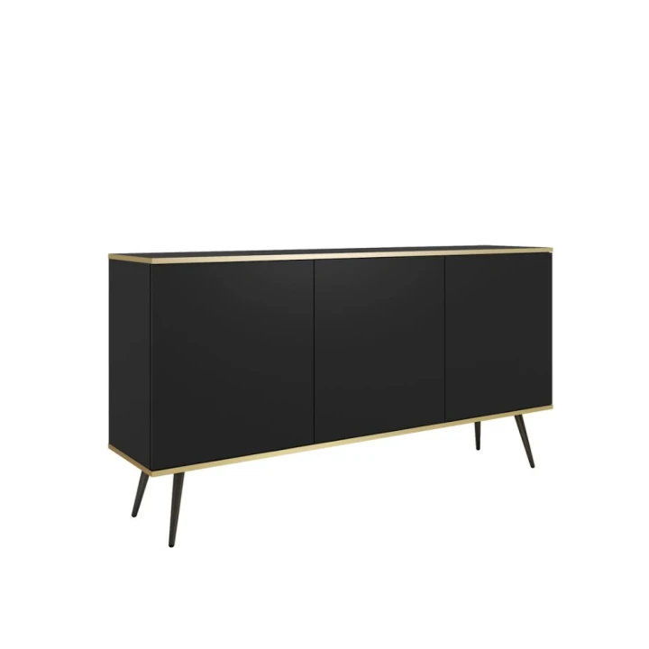Komoda trzydrzwiowa 160 cm Tora w kolorze czarnym z czarnymi nogami na białym tle