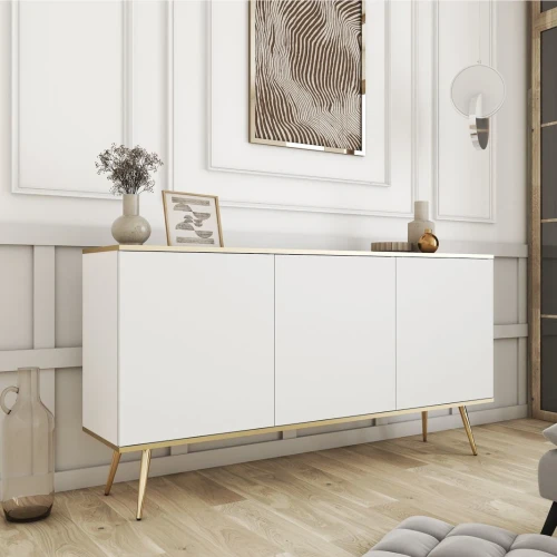 Komoda trzydrzwiowa 160 cm Tora w kolorze białym ze złotymi nogami