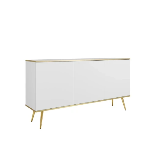 Komoda trzydrzwiowa 160 cm Tora w kolorze białym ze złotymi nogami na białym tle