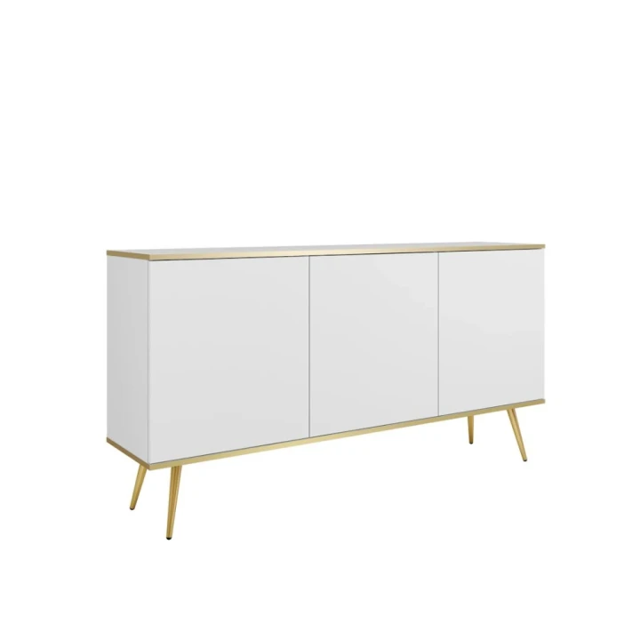 Komoda trzydrzwiowa 160 cm Tora w kolorze białym ze złotymi nogami na białym tle