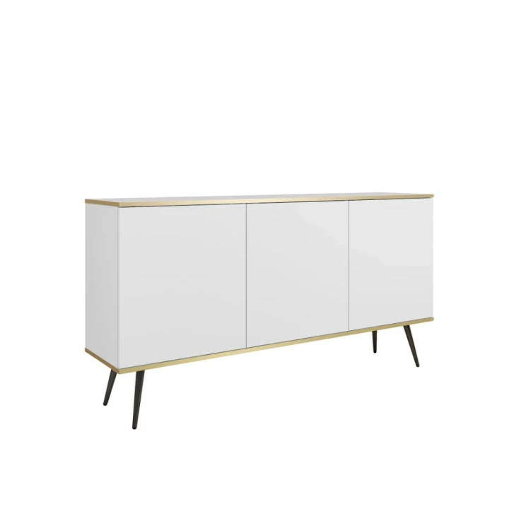 Komoda trzydrzwiowa 160 cm Tora w kolorze białym z czarnymi nogami na białym tle