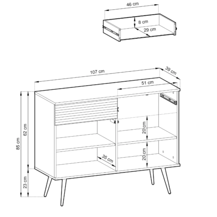 Komoda dwudrzwiowa 107 cm Tora z szufladami wymiary