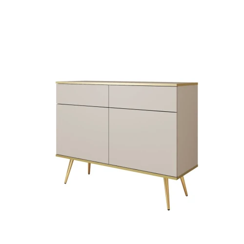 Komoda dwudrzwiowa 107 cm Tora z szufladami w kolorze beżowym ze złotymi nogami na białym tle