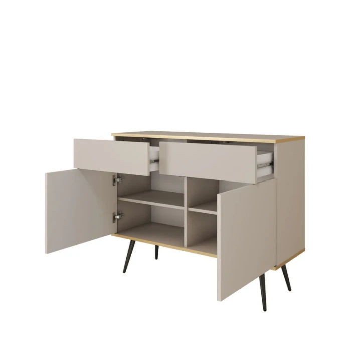 Komoda dwudrzwiowa 107 cm Tora z szufladami w kolorze beżowym z czarnymi nogami otwarta