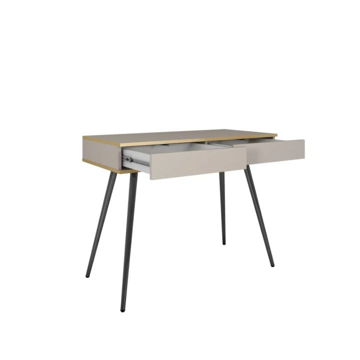 Toaletka Toro z szufladami w kolorze beżowym z czarnymi nogami otwarta