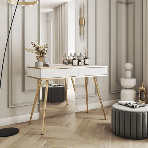 Toaletka Toro z szufladami w kolorze białym ze złotymi nogami