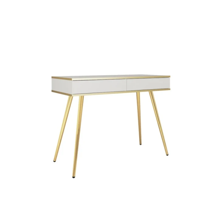 Toaletka Toro z szufladami w kolorze białym ze złotymi nogami na białym tle
