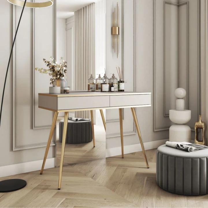 Toaletka Toro z szufladami w kolorze beżowym ze złotymi nogami