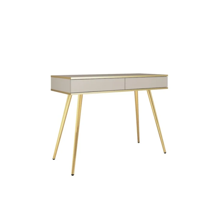 Toaletka Toro z szufladami w kolorze beżowym ze złotymi nogami na białym tle