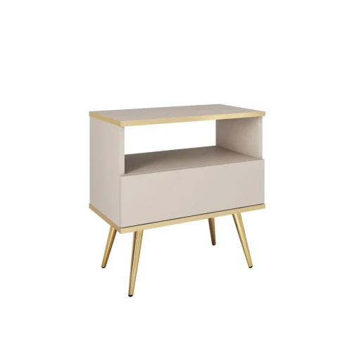 Stolik nocny Toro z szufladą w kolorze beżowym ze złotymi nogami na białym tle