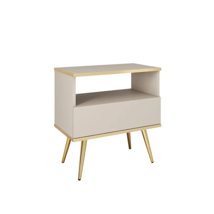Stolik nocny Toro z szufladą w kolorze beżowym ze złotymi nogami na białym tle