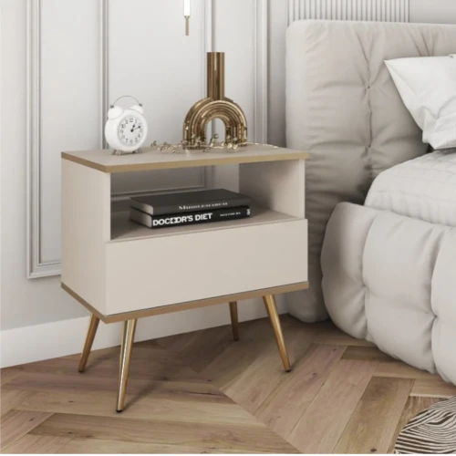 Stolik nocny Toro z szufladą w kolorze beżowym ze złotymi nogami