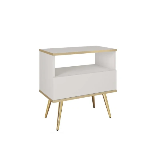 Stolik nocny Toro z szufladą w kolorze białym ze złotymi nogami na białym tle