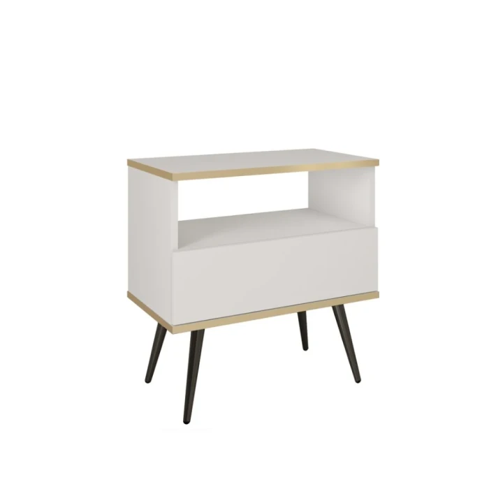 Stolik nocny Toro z szufladą w kolorze białym z czarnymi nogami na białym tle