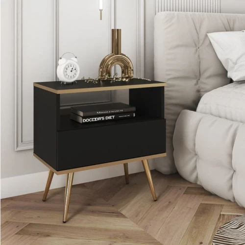 Stolik nocny Toro z szufladą w kolorze czarnym ze złotymi nogami