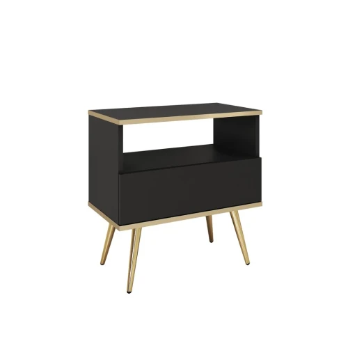 Stolik nocny Toro z szufladą w kolorze czarnym ze złotymi nogami na białym tle
