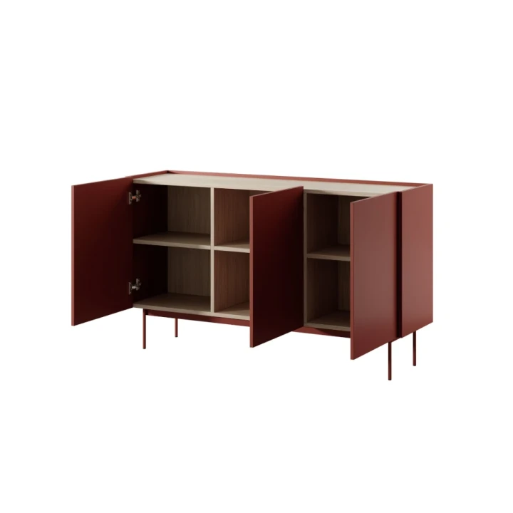 Czerwona komoda Avenor trzydrzwiowa otwarta