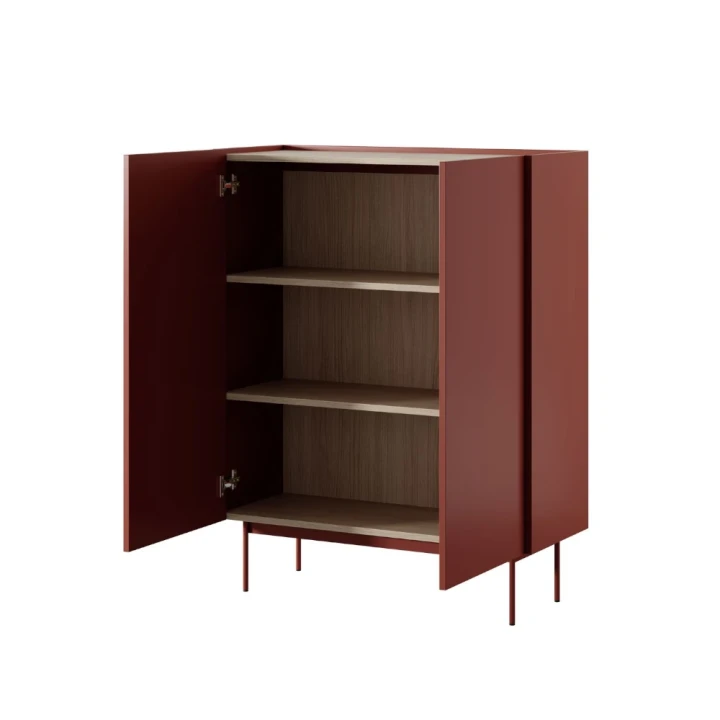 Czerwona wysoka komoda Avenor dwudrzwiowa otwarta