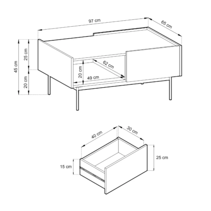 Stolik kawowy Avenor z szufladami wymiary