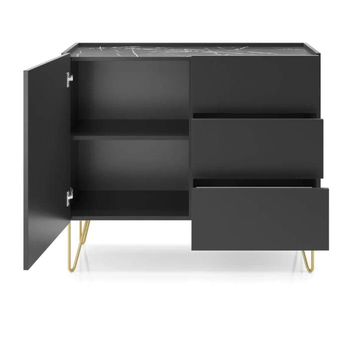 Komoda 97 cm Loft Gold z drzwiczkami i szufladami otwarta