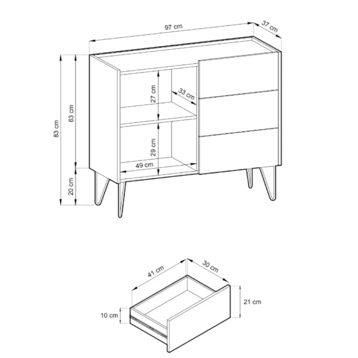Komoda 97 cm Loft Gold z drzwiczkami i szufladami wymiary