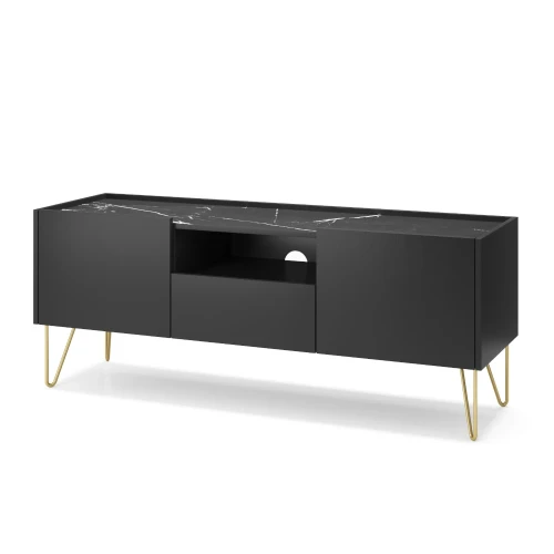 Szafka RTV Loft Gold z drzwiczkami i szufladą na białym tle