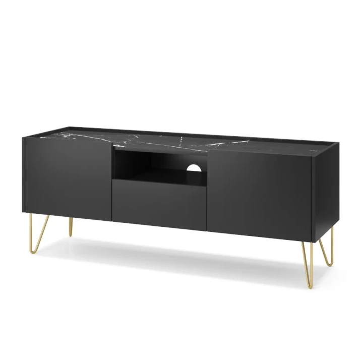 Szafka RTV Loft Gold z drzwiczkami i szufladą na białym tle