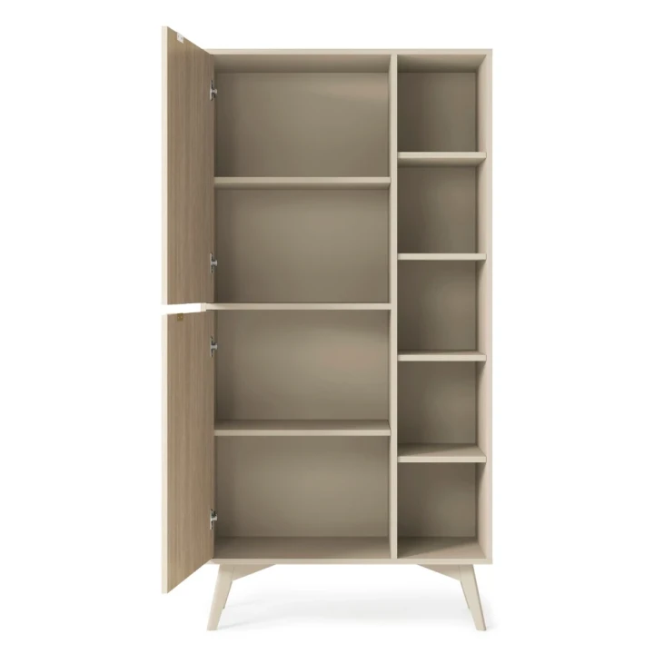 Regał Timber z drzwiczkami w kolorze beż piaskowy otwarta